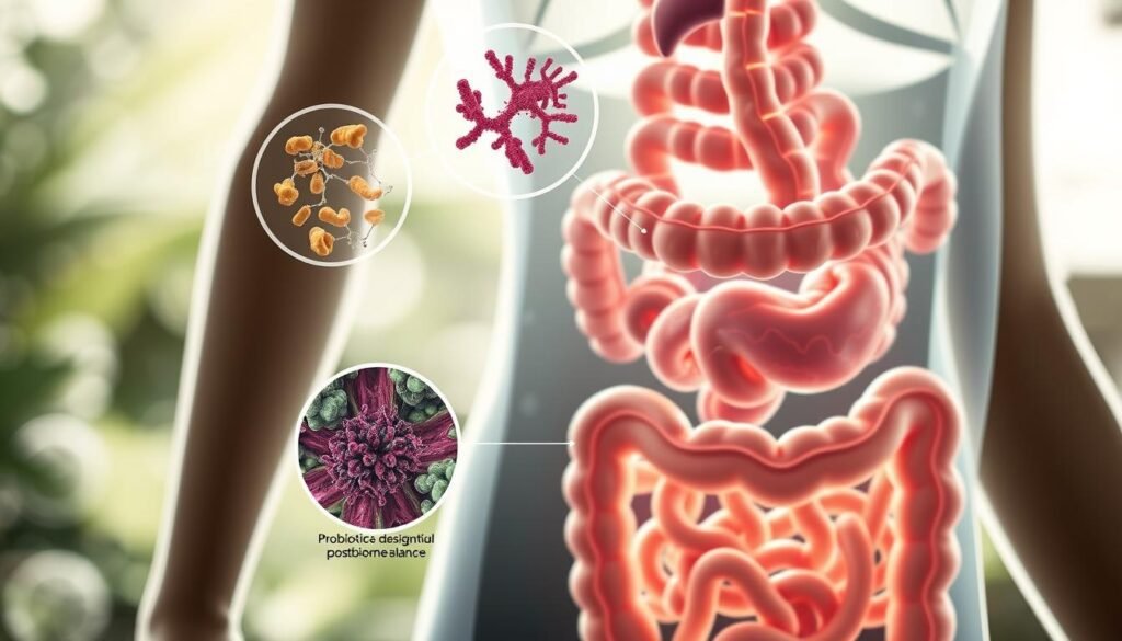 A detailed diagram depicting the intricate mechanisms of gut supplements. In the foreground, a cross-section of the human digestive system showcases the intricate interplay between probiotic and postbiotic compounds, their absorption, and their impact on gut microbiome balance. The middle ground features magnified illustrations of individual probiotic strains and postbiotic metabolites, their structure and function annotated with scientific precision. The background subtly blends microscopic imagery of gut flora, along with stylized molecular structures to convey the complexity of gut health optimization. Lit by soft, natural lighting and captured with a high-resolution camera lens, the image exudes an informative, yet visually striking aesthetic.
