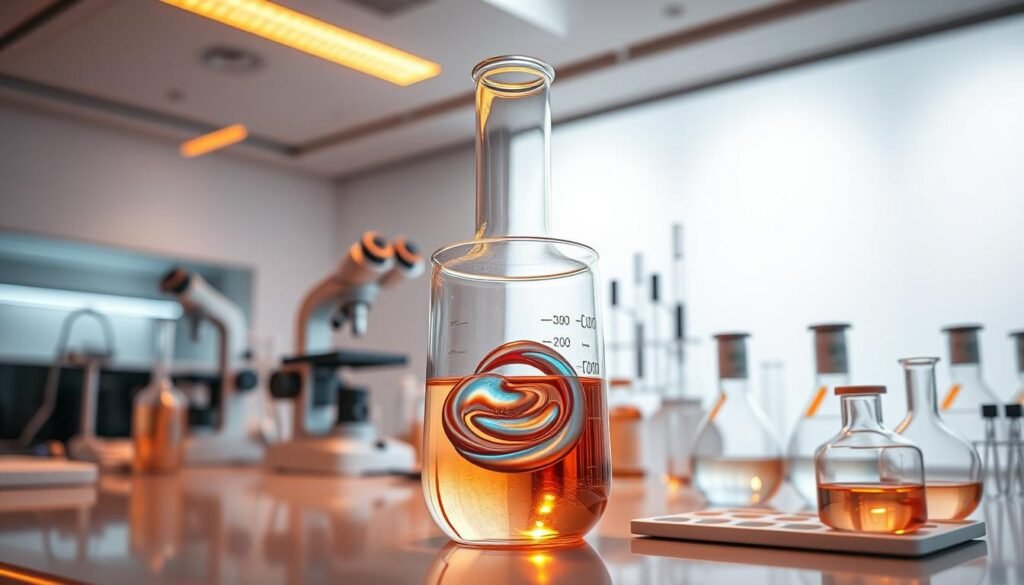A sleek and futuristic laboratory setting, illuminated by warm, directional lighting from above. In the foreground, a transparent glass beaker filled with a swirling, iridescent liquid representing postbiotics. In the middle ground, various scientific equipment and instruments, including a microscope, Erlenmeyer flasks, and test tubes, all arranged with precision. The background features a minimalist, white-walled backdrop, giving the scene a sense of clinical, cutting-edge innovation. The overall mood is one of scientific discovery and the promise of revolutionary advancements in healthcare and wellness.
