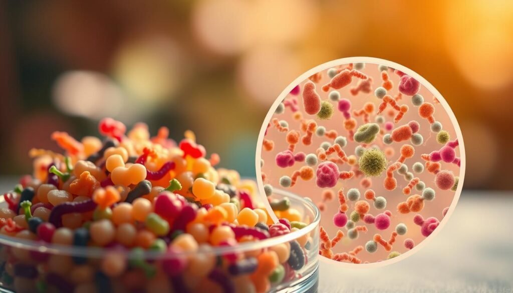 A vibrant, natural scene showcasing the living pioneers of gut health - probiotics. In the foreground, a collection of colorful probiotic cultures thriving in a petri dish, illuminated by warm, diffused lighting. The middle ground features an intricate microscopic view, revealing the diverse shapes and structures of various probiotic strains. In the background, a blurred backdrop of lush, earthy tones evokes the natural environment where these beneficial microbes originate. The overall composition conveys the dynamic, living nature of probiotics and their importance for holistic well-being.