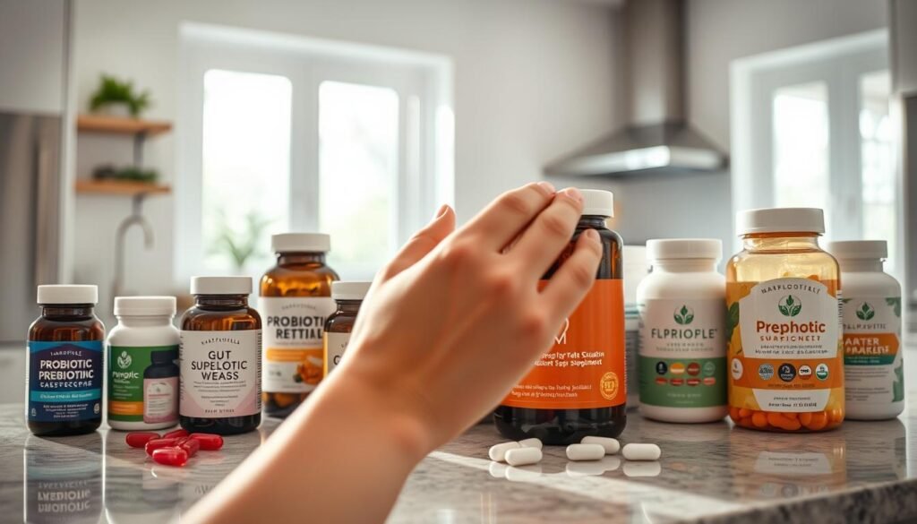 A well-lit, modern kitchen counter with an assortment of various gut supplement bottles, capsules, and powders neatly arranged. In the foreground, a person's hand carefully examines the labels, considering the different probiotic, prebiotic, and postbiotic formulations. The background features a clean, minimalist design with natural light streaming in through large windows, creating a serene, thoughtful atmosphere. The image conveys the thoughtful process of selecting the perfect gut health supplements to support one's individual needs and wellness goals.